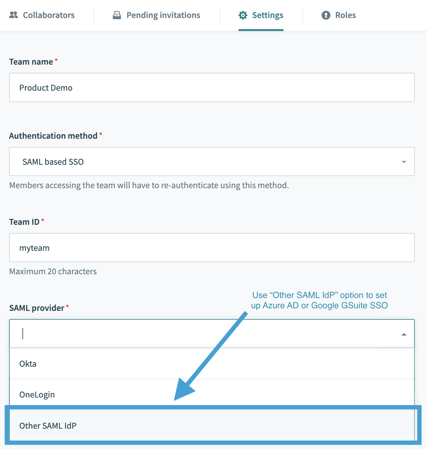 Other SAML IdP Option to set up SSO Screenshot