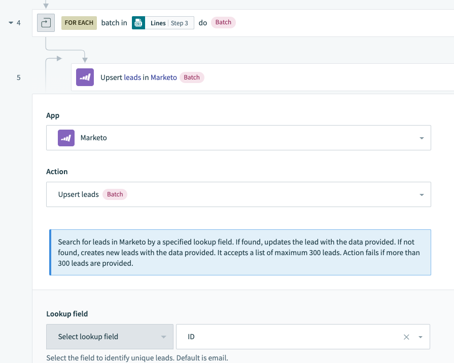 The final step is to select the requisite batch load action in the target app - Marketo in this case