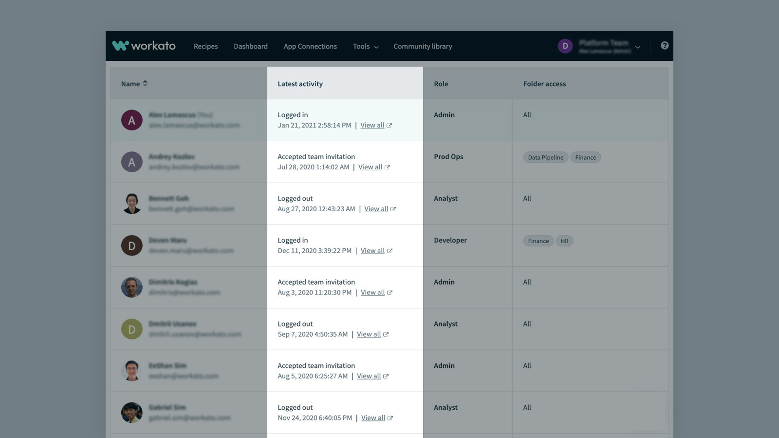 collaborator activity column in Workato highlighted