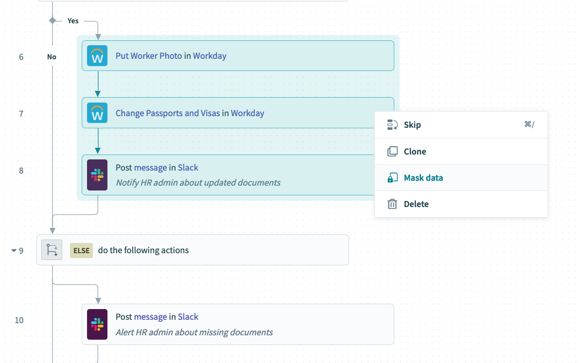 Masking sensitive data using multi-step actions