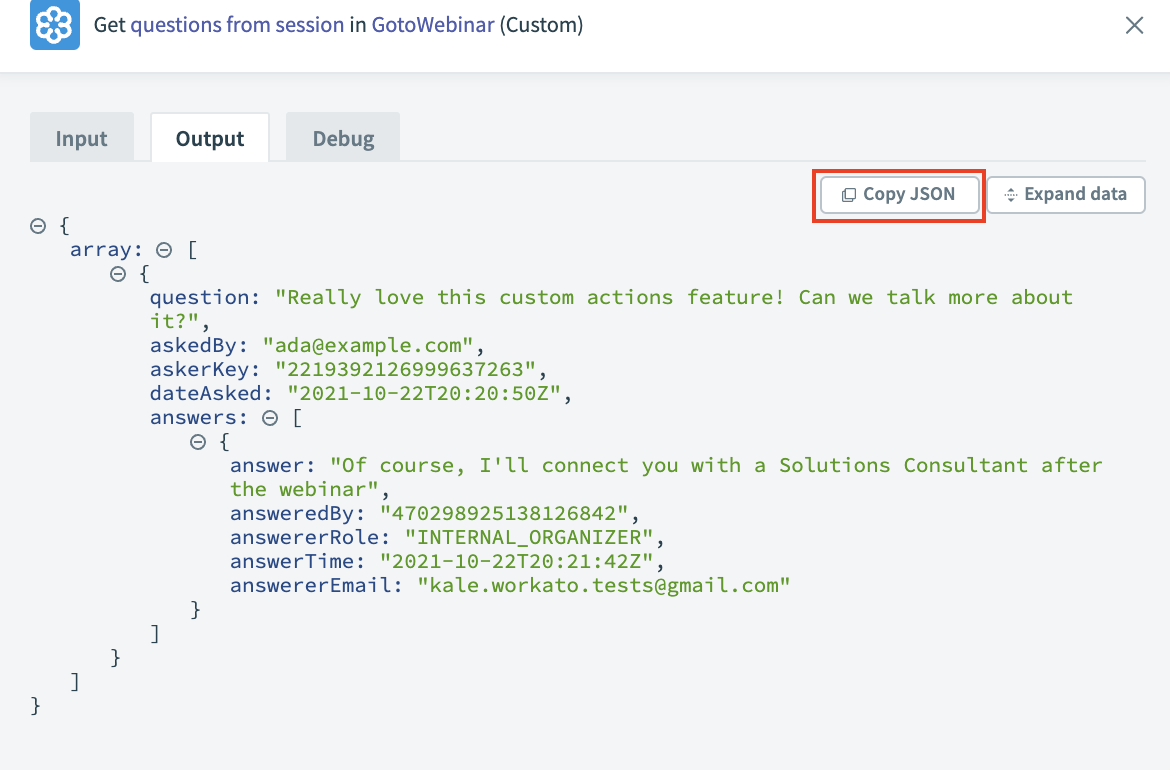 JSON custom action output