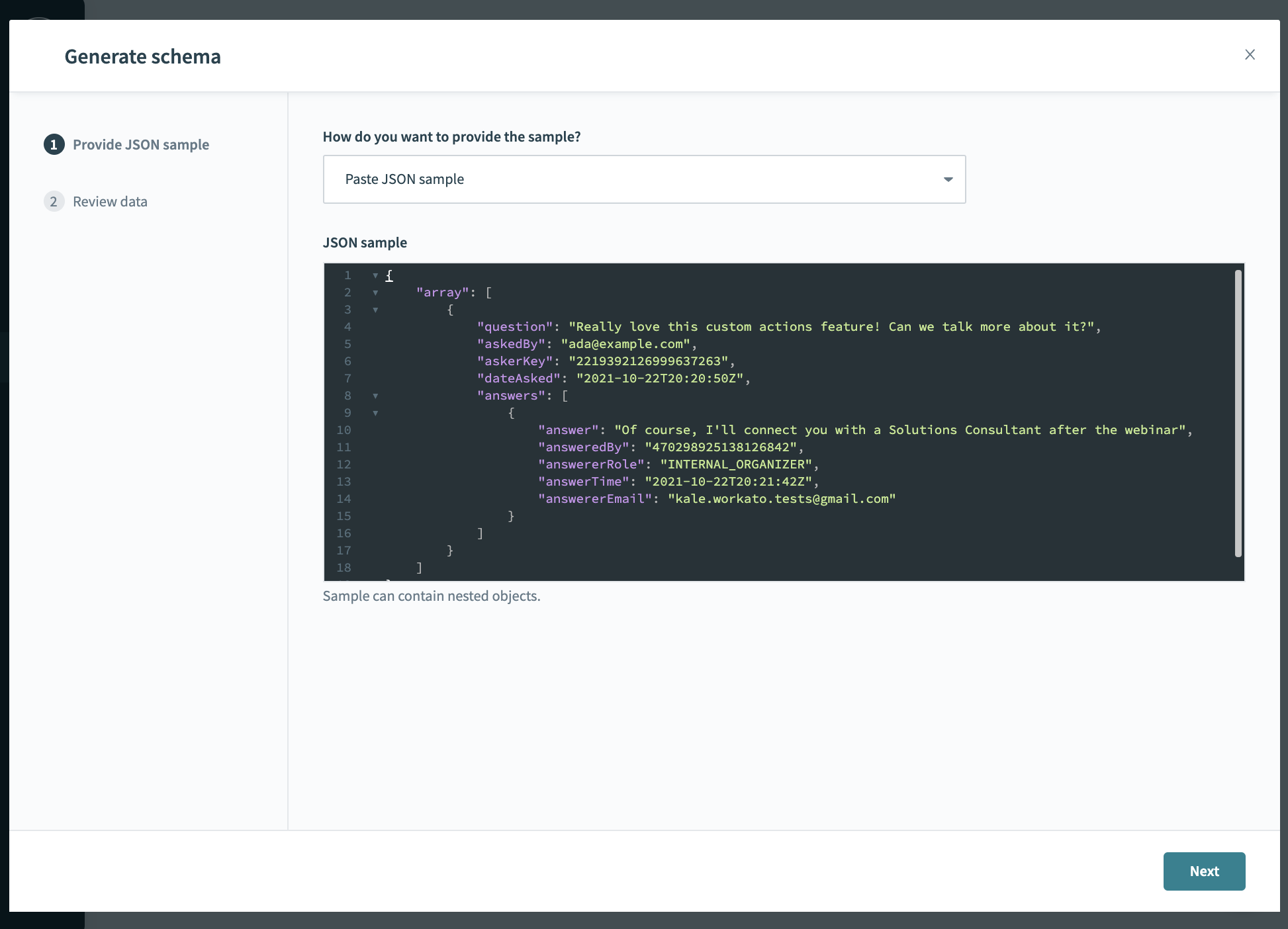 Paste JSON sample into input