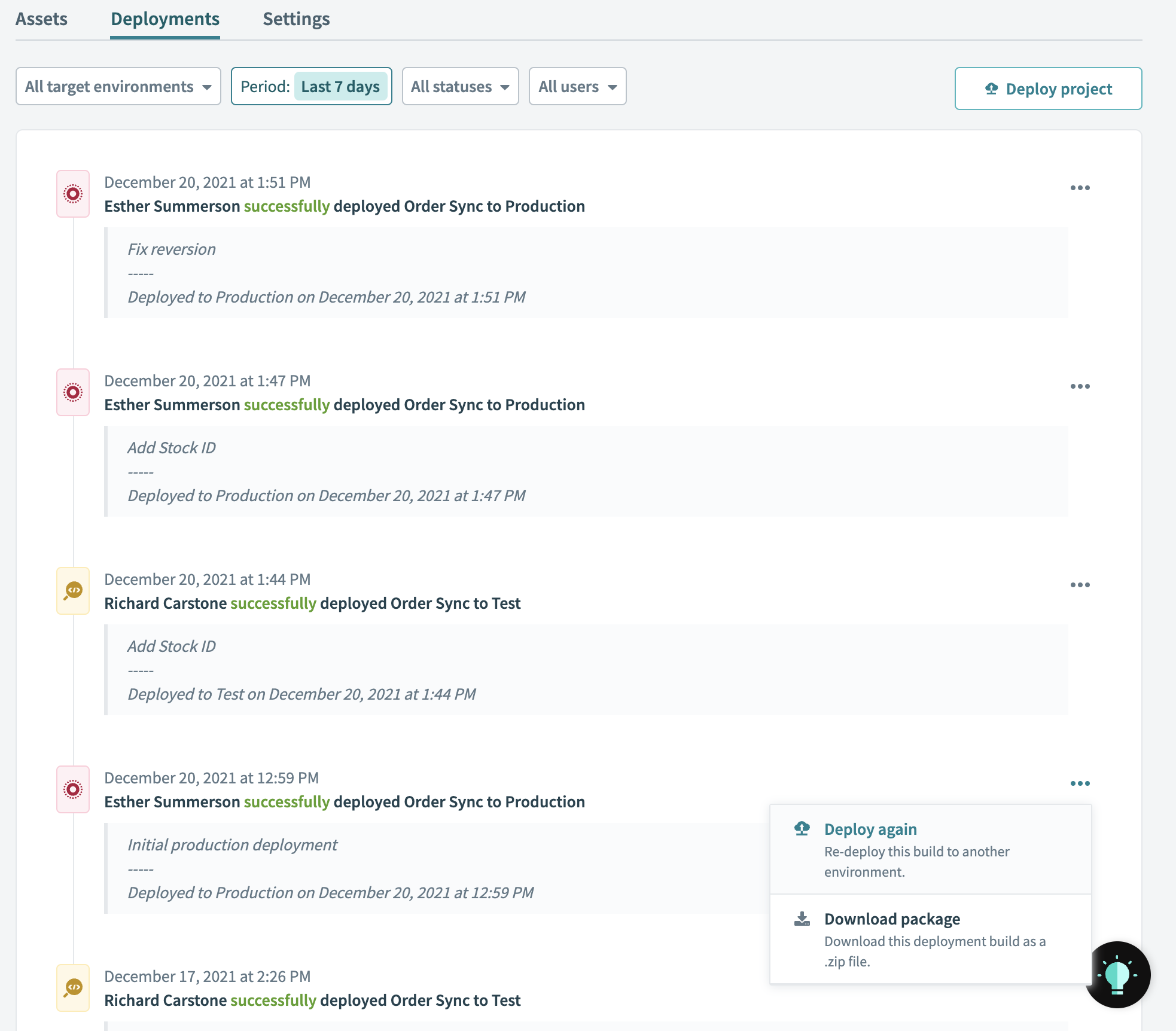 Deployment history across Environments