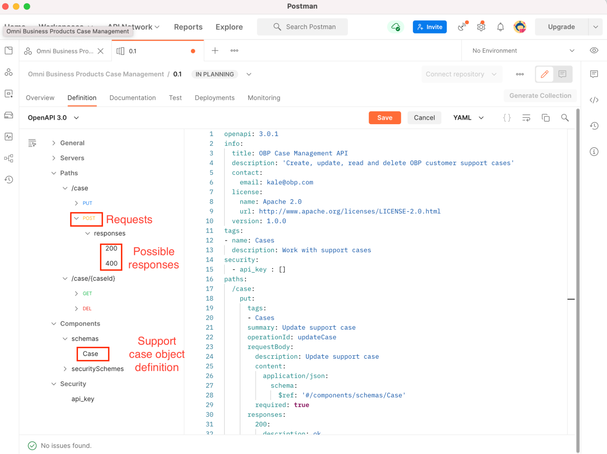 OpenAPI document drafted in Postman