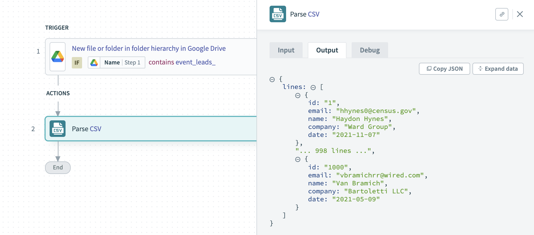 Check output of Parse CSV step