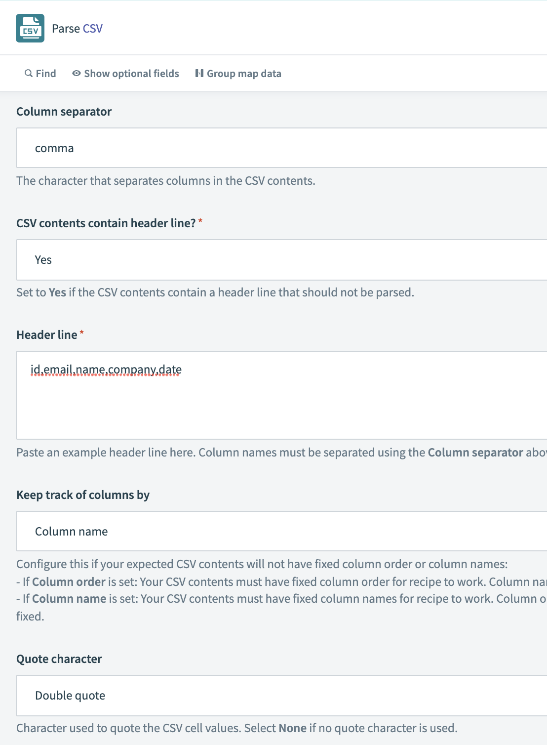 configure parse CSV