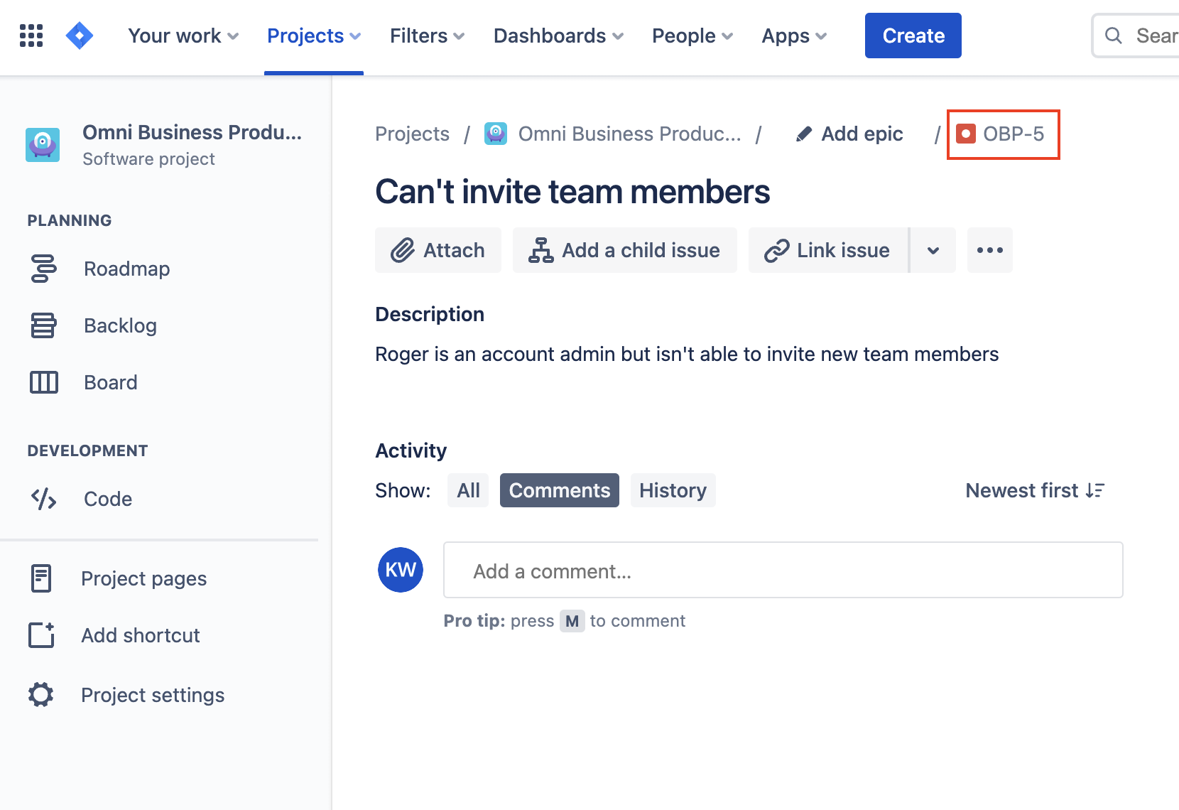 Newly created issue in Jira