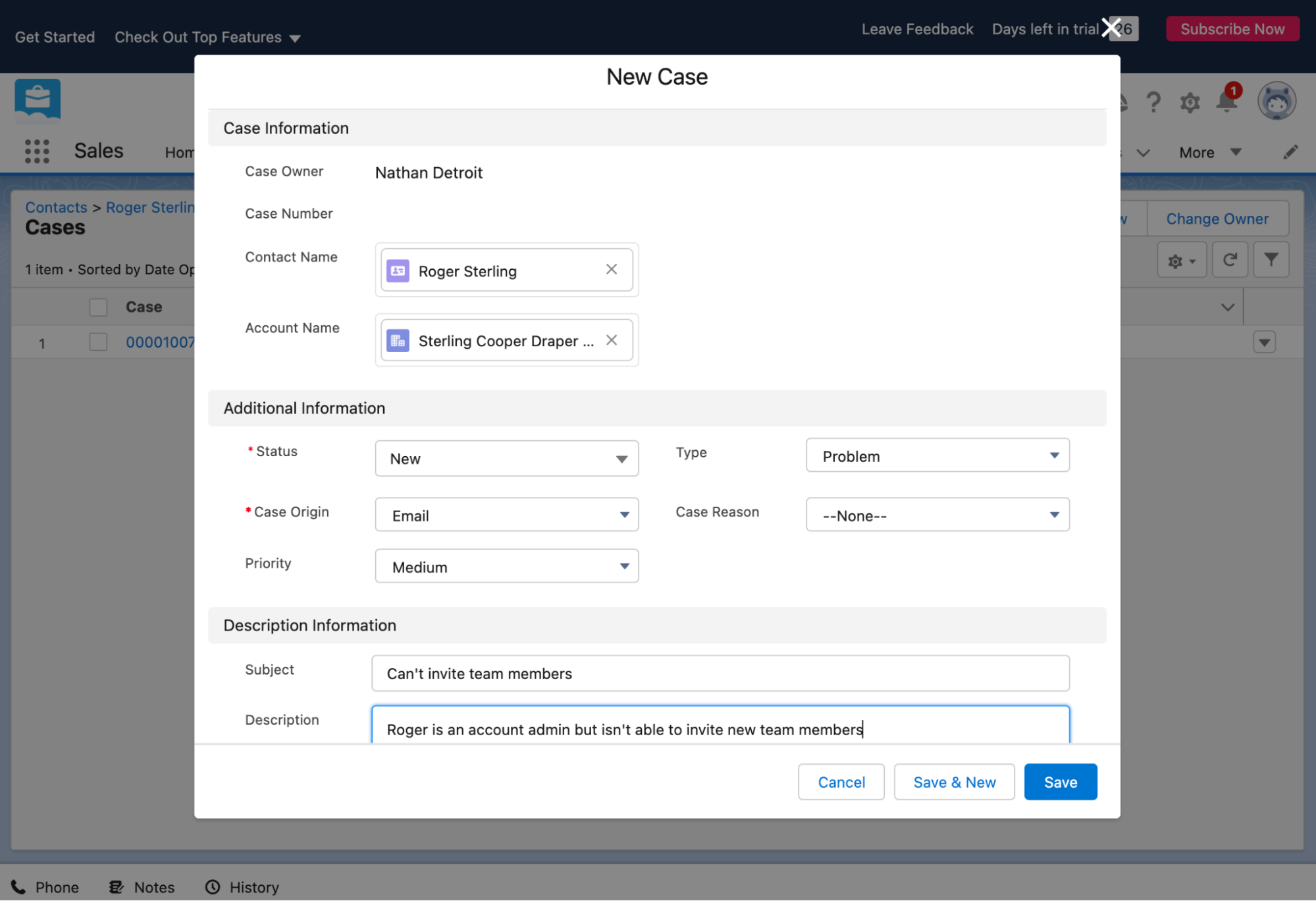 new case in Salesforce with description field filled