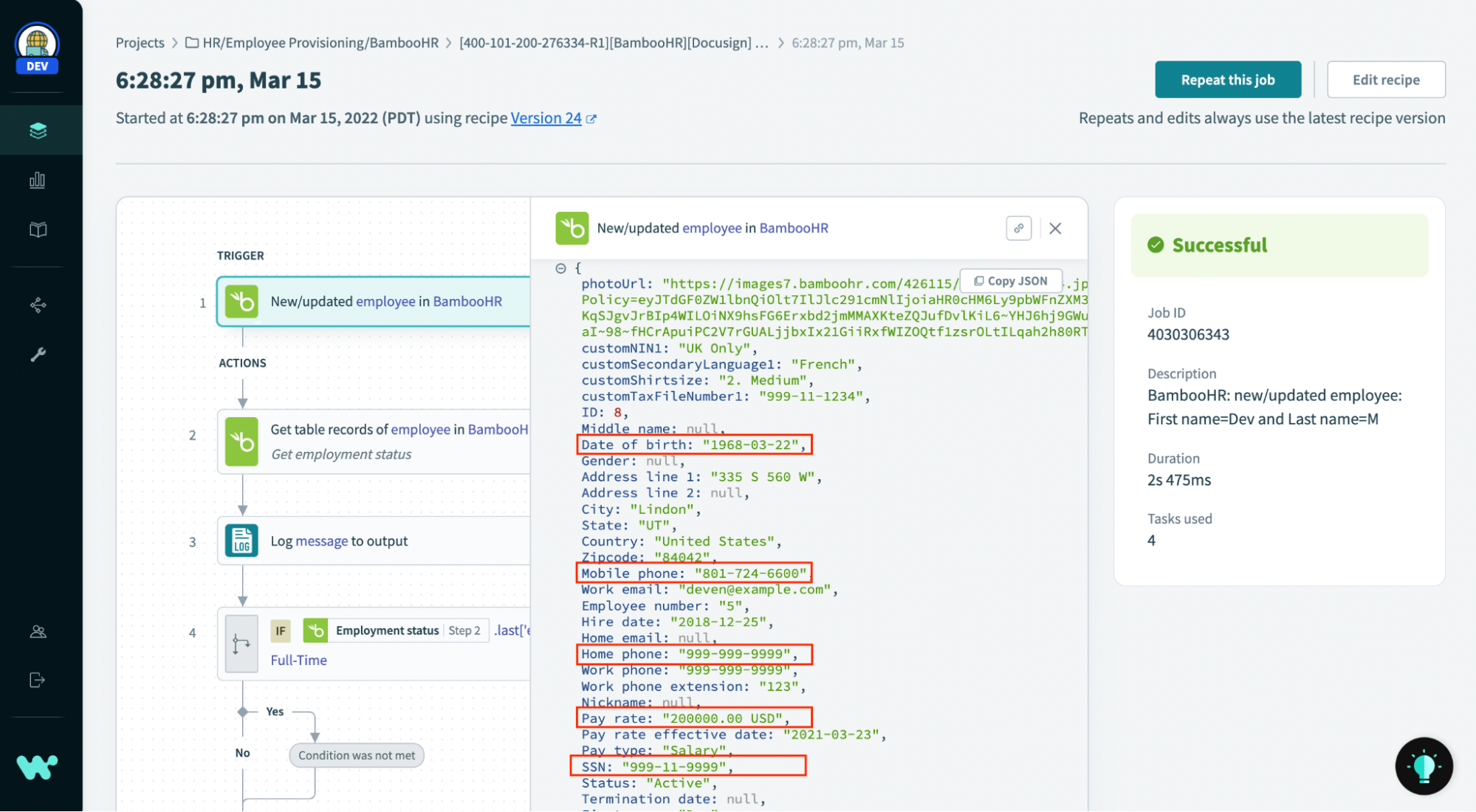 sensitive data in job log