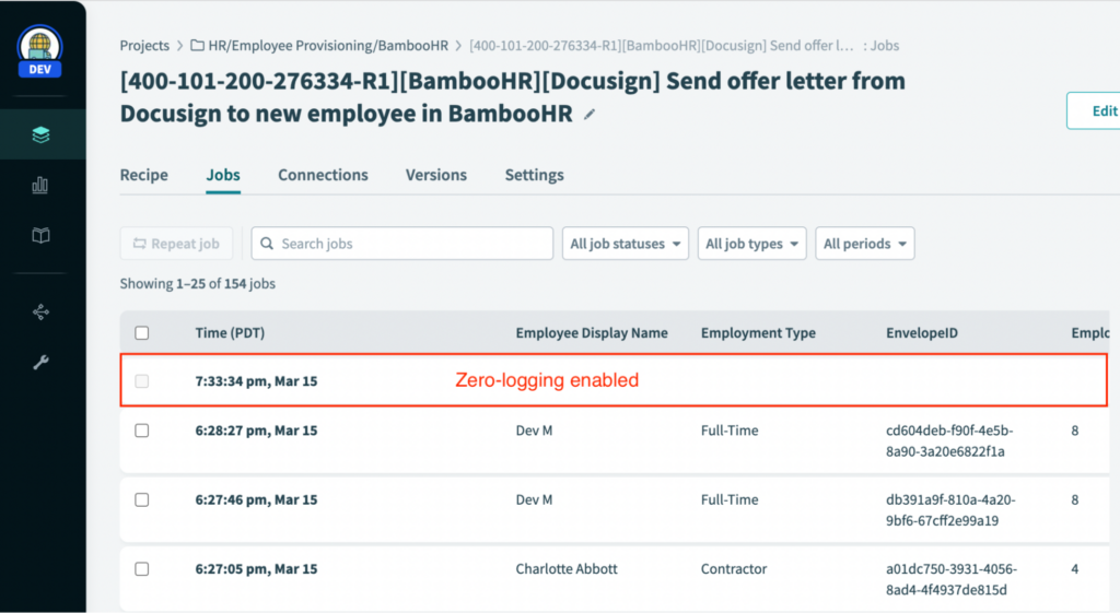 Protect sensitive information with zero data retention in recipe job logs