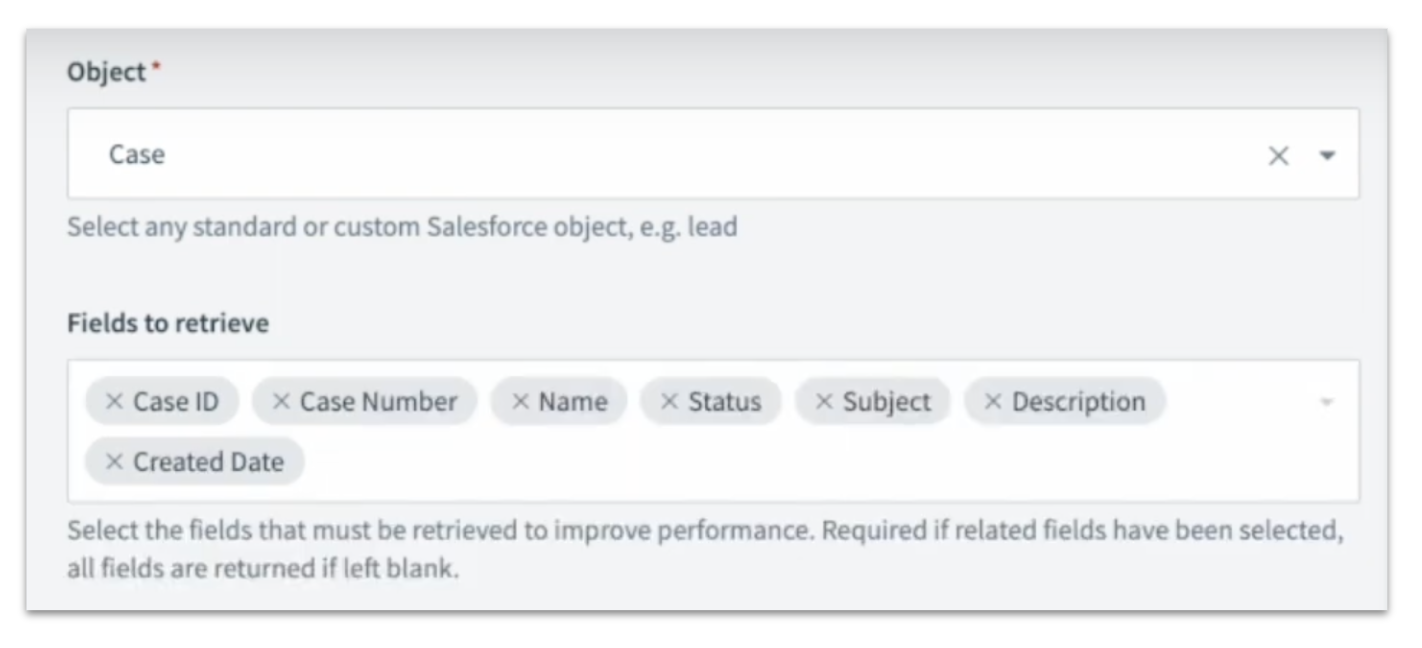 Select the case fields to be retrieved from Salesforce
