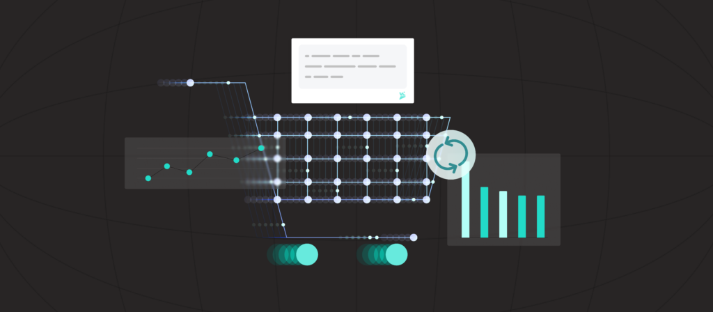 Stylized icon of a shopping cart made of data points, surrounded by graphs & messages