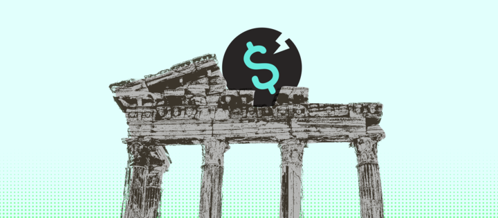 Graphic of a dollar sign crashing into classical-style columns