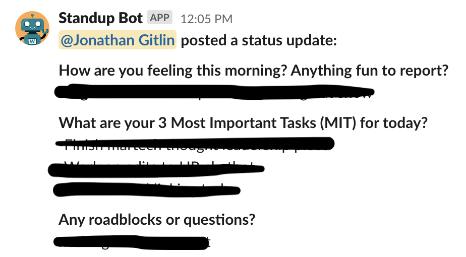 A screenshot of how Workato uses Standup Bot.