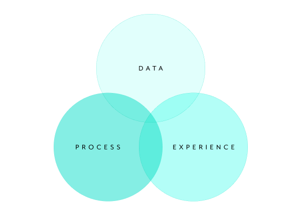 Three circles that slightly overlap, and each has one of the following on it: process, data, experience