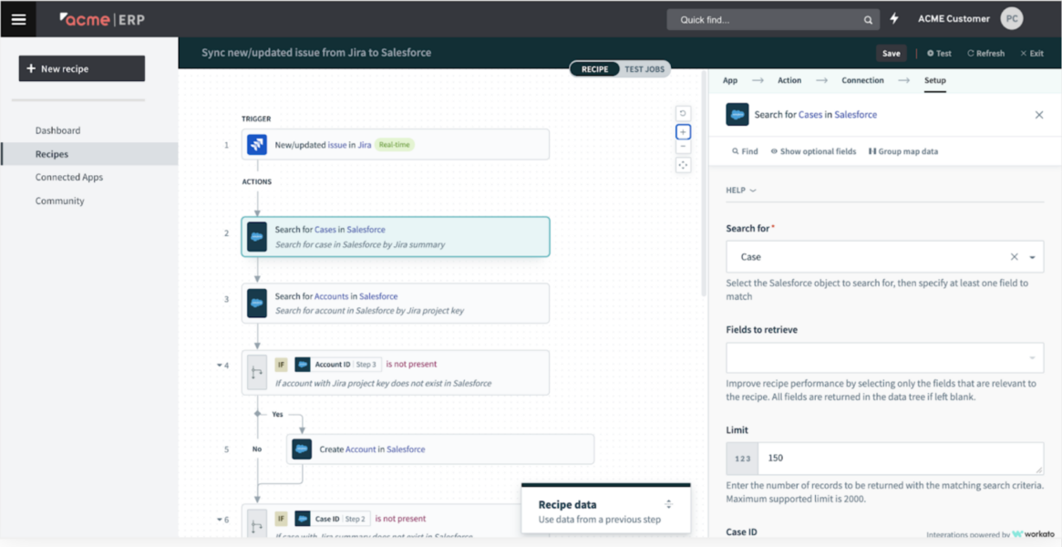 An example of Workato's recipe editor being embedded into the platform's UI